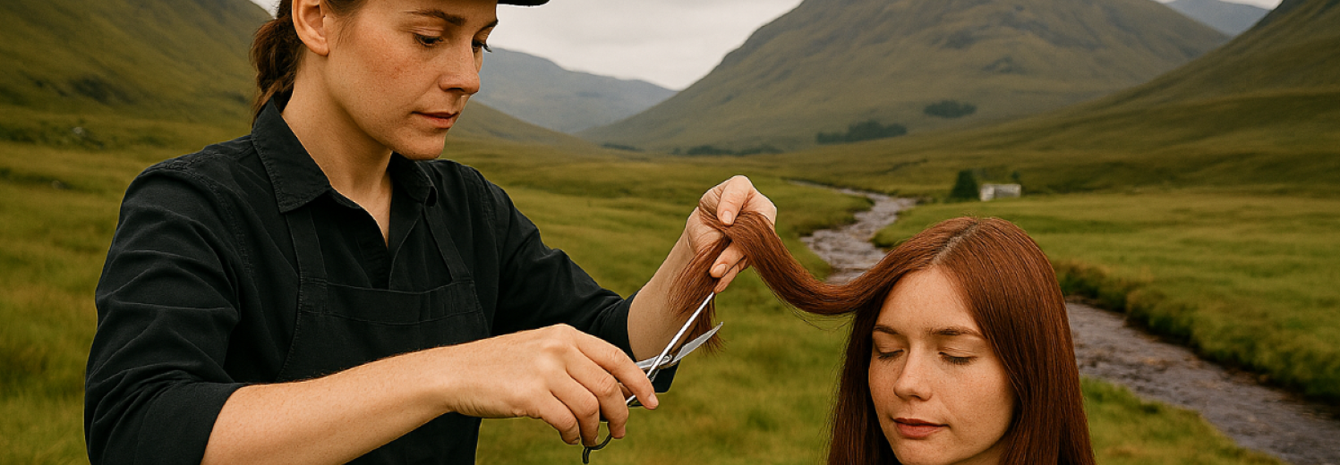 Hairdresser and client in Scottish glen