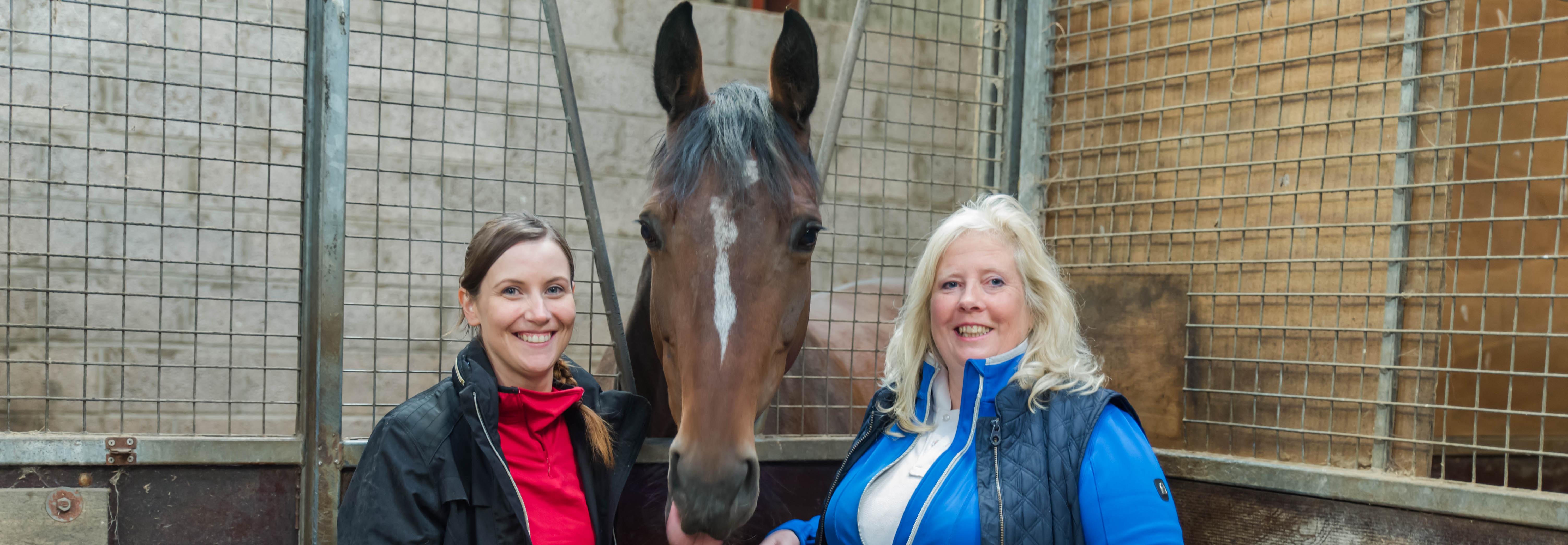 Former Modern Apprentice Jen with business owner Laura and her horse Mayfair