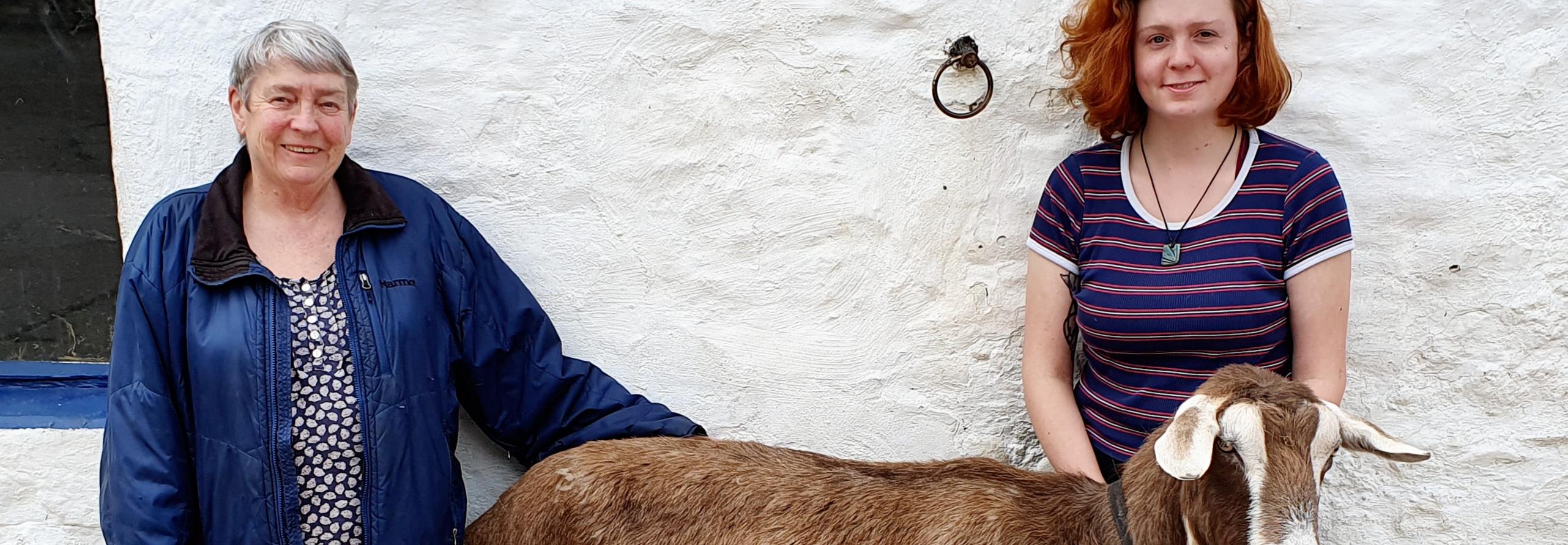 Juanita and Beth with Bertie the goat