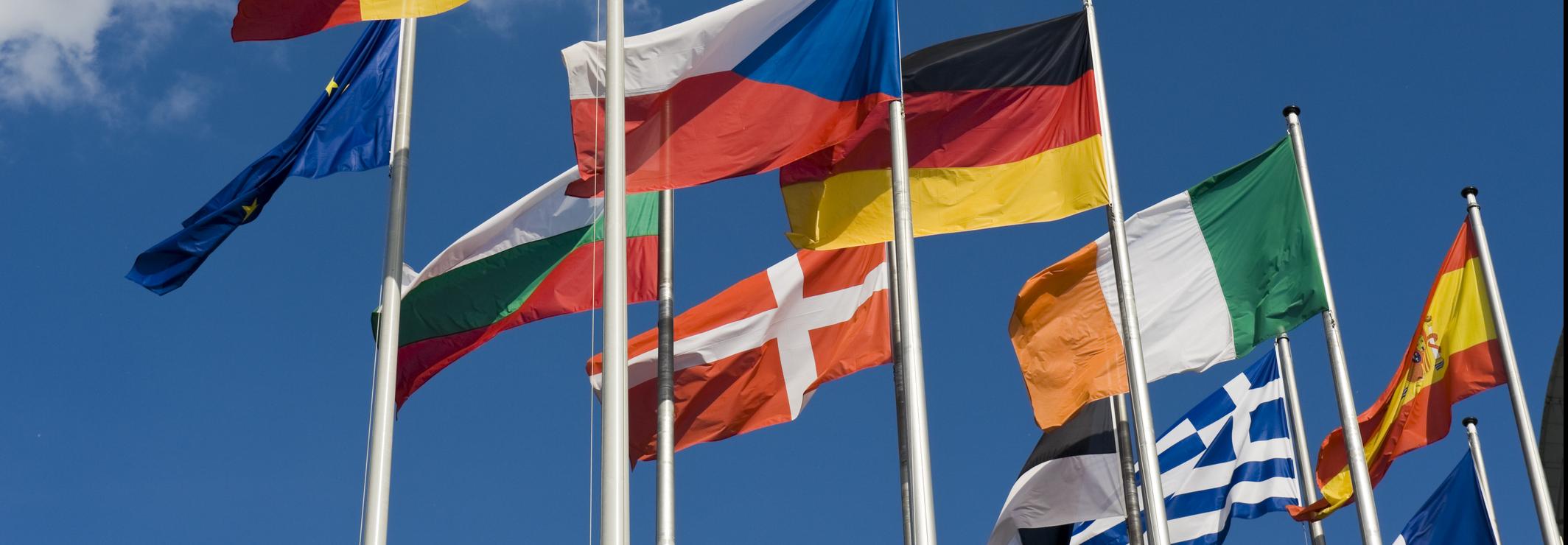 European flags blowing in the wind