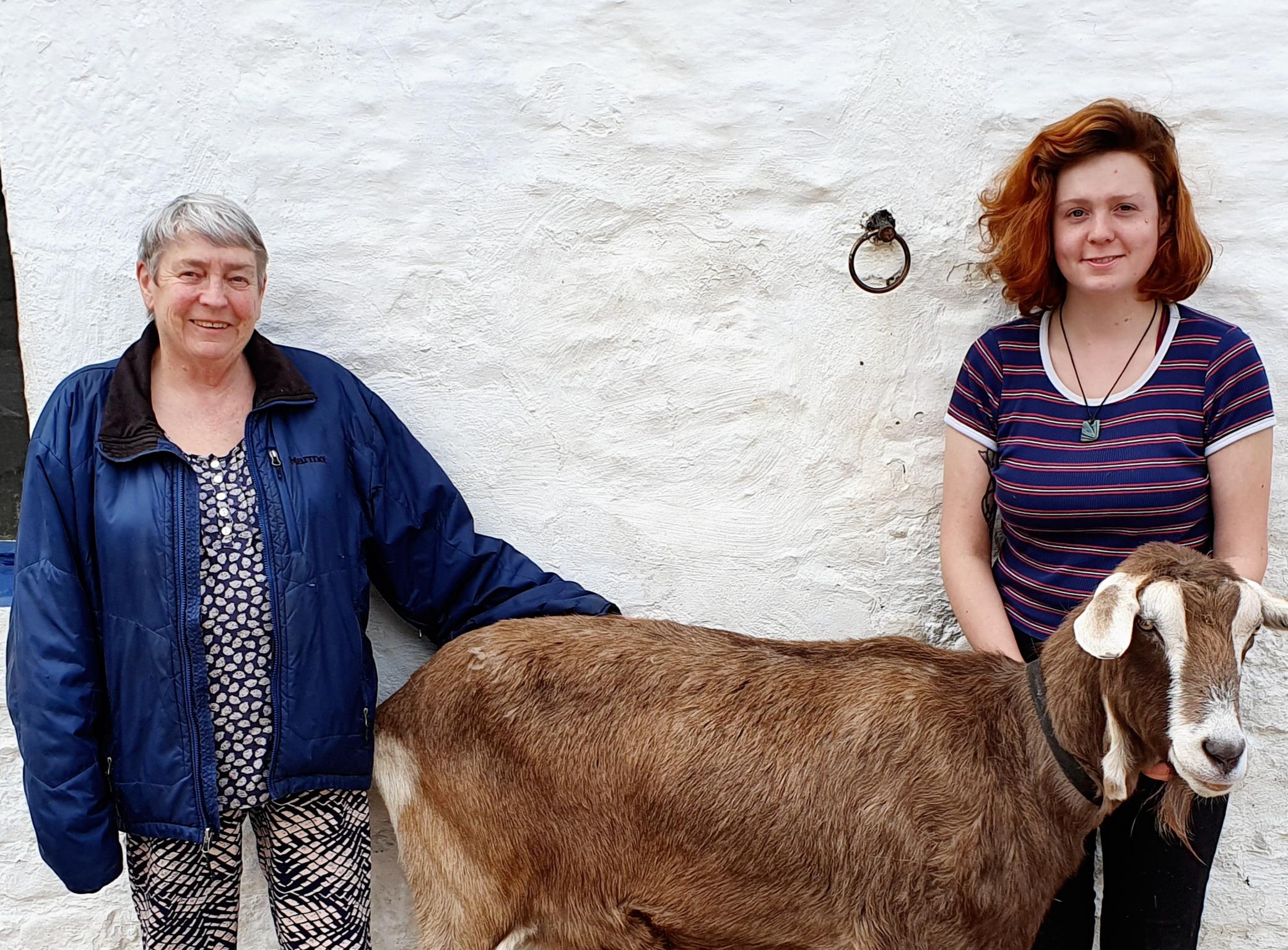 Juanita and Beth with Bertie the goat