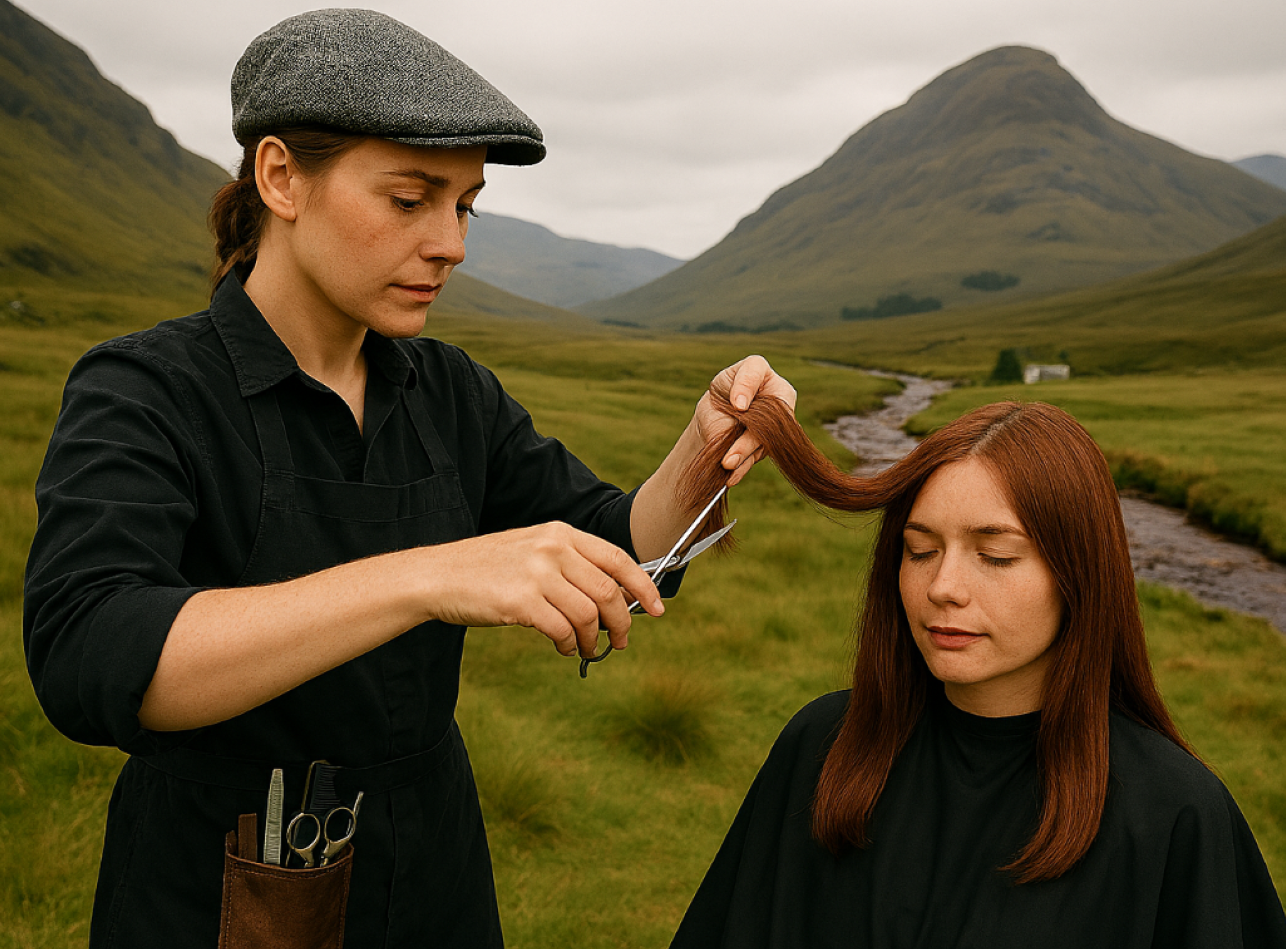 Hairdresser and client in Scottish glen
