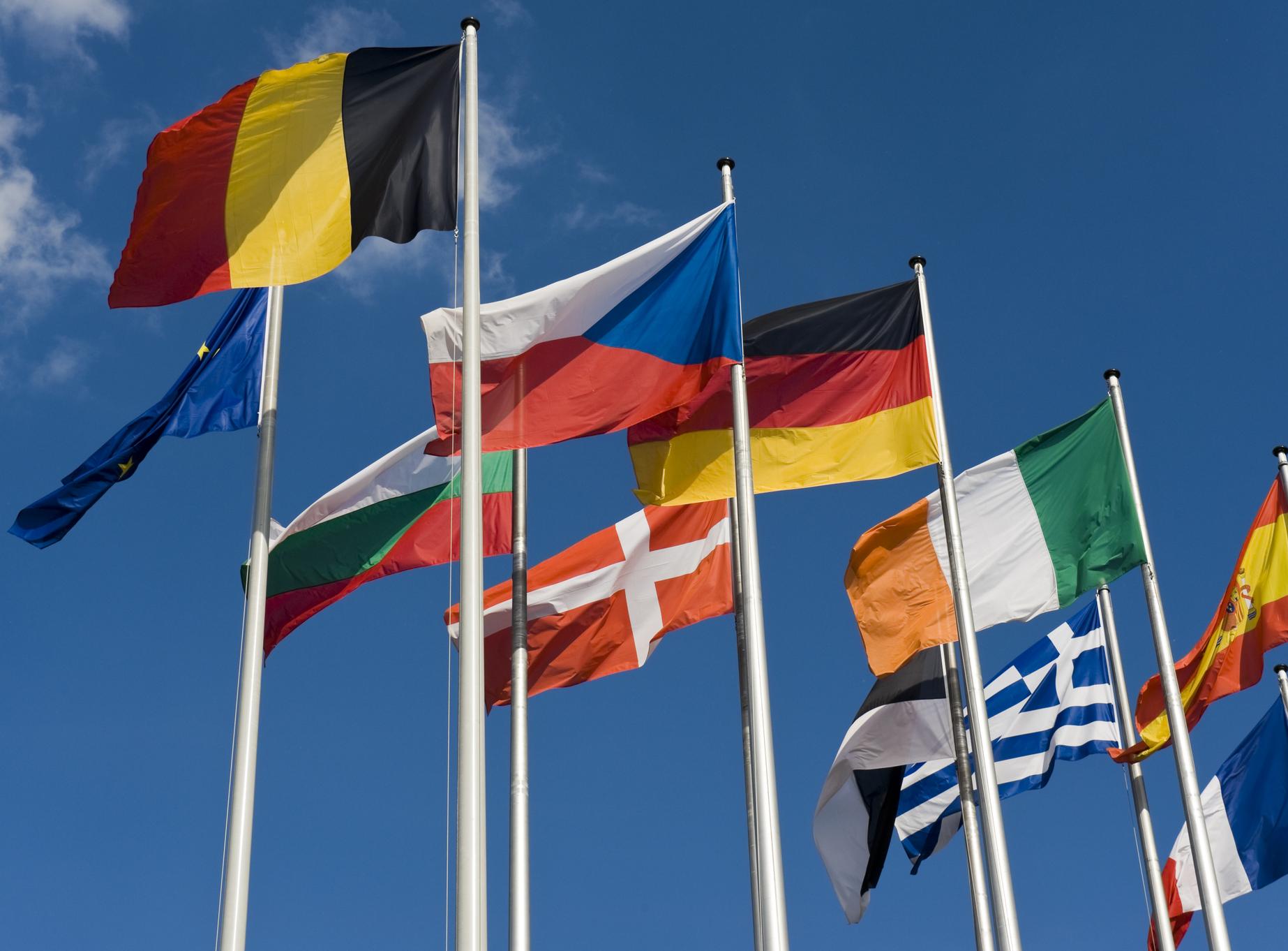 European flags blowing in the wind