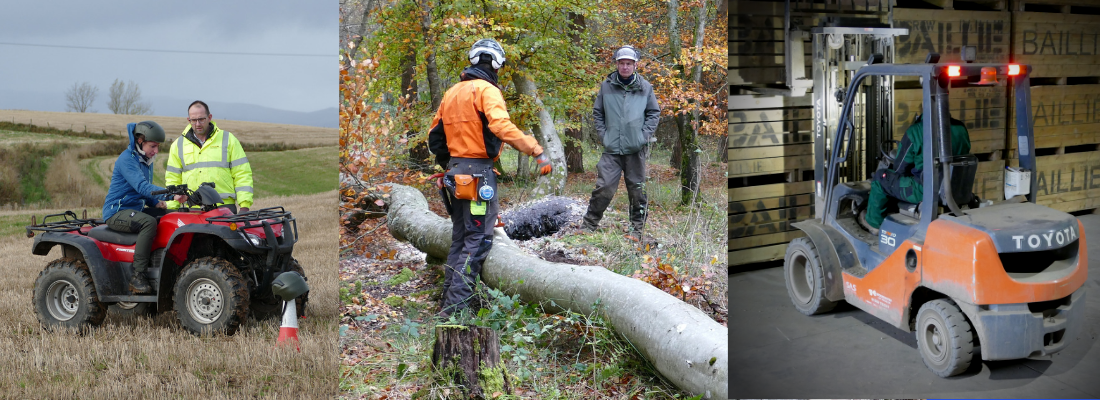 Instructors on chainsaw and quad bike with trainees