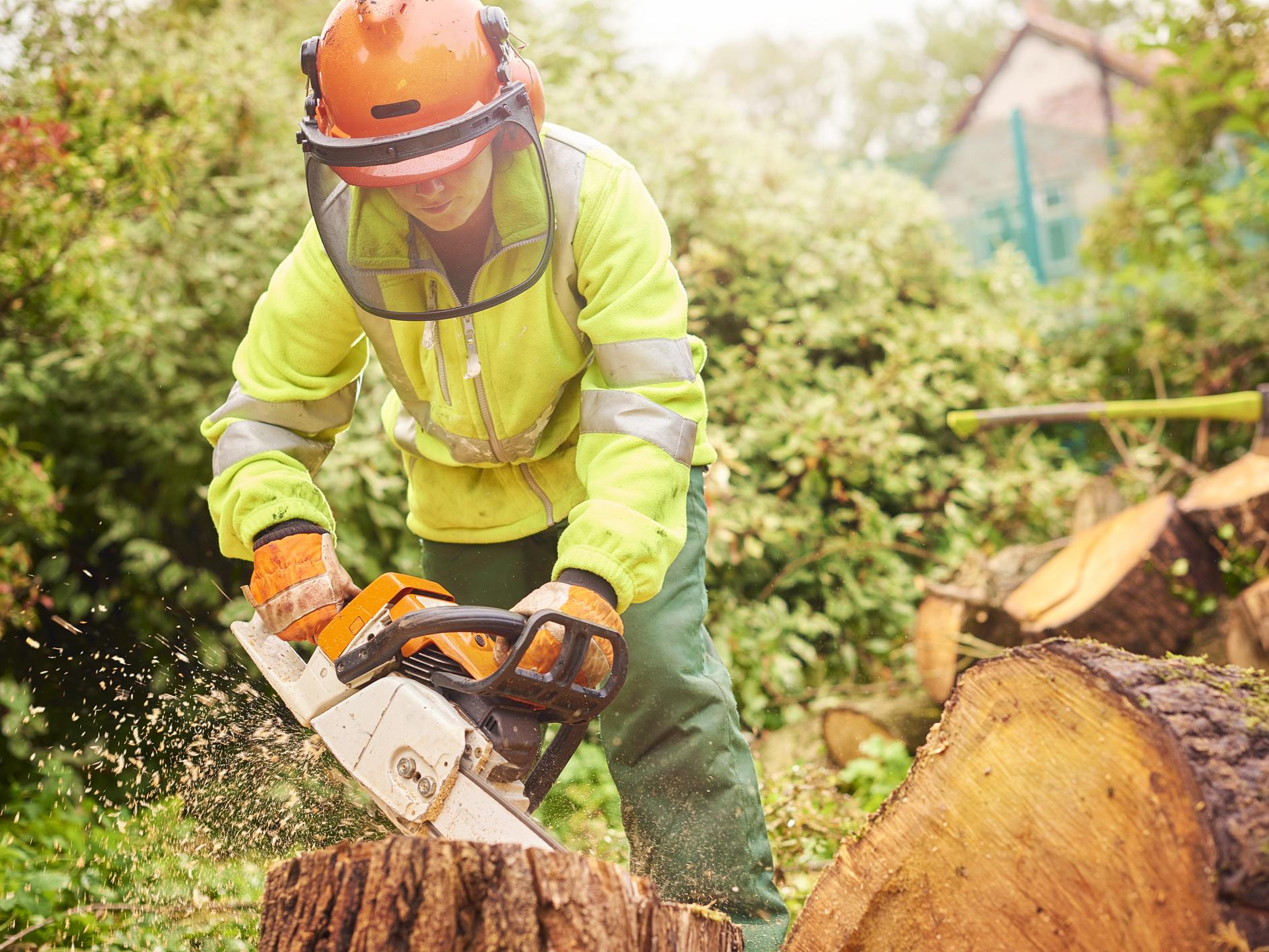 Woman using chainsaw