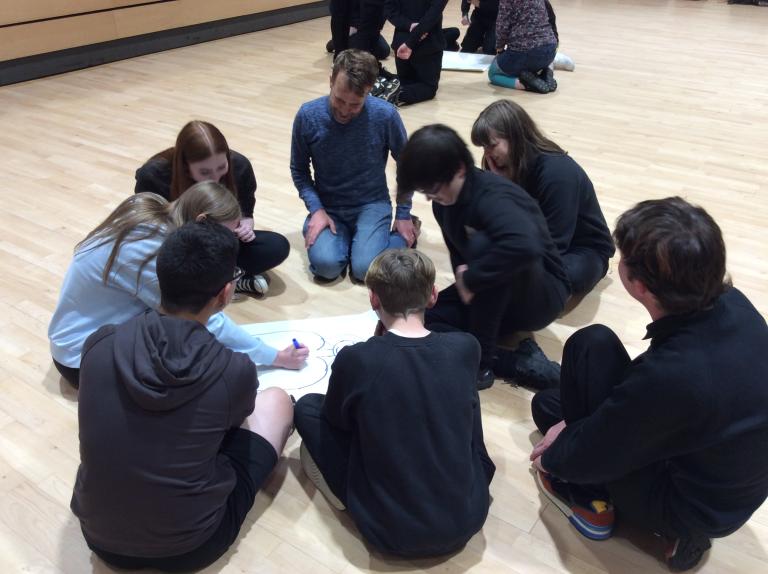 Group of young people on floor at drama workshop for careers